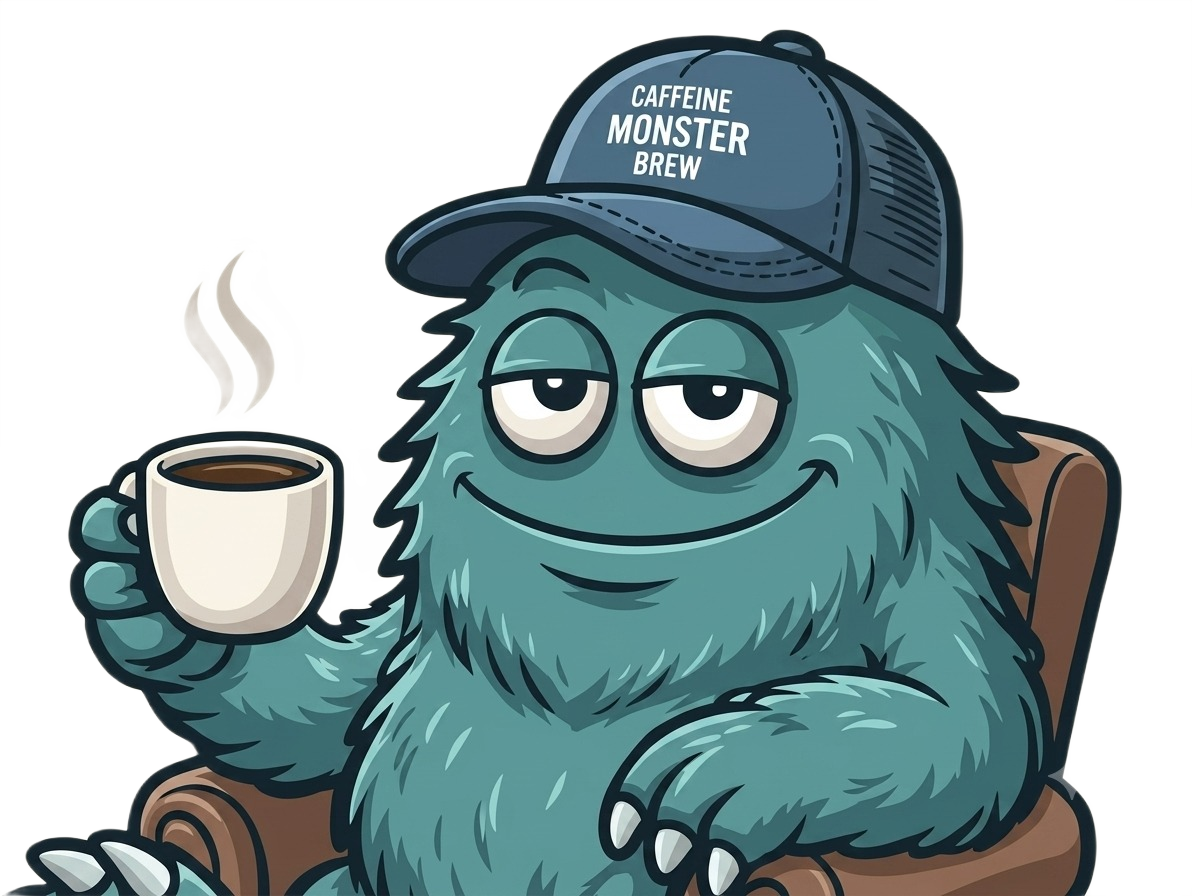 Monster drinking coffee in an armchair