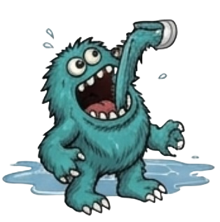 Little monster mascot drinking gutter overflow